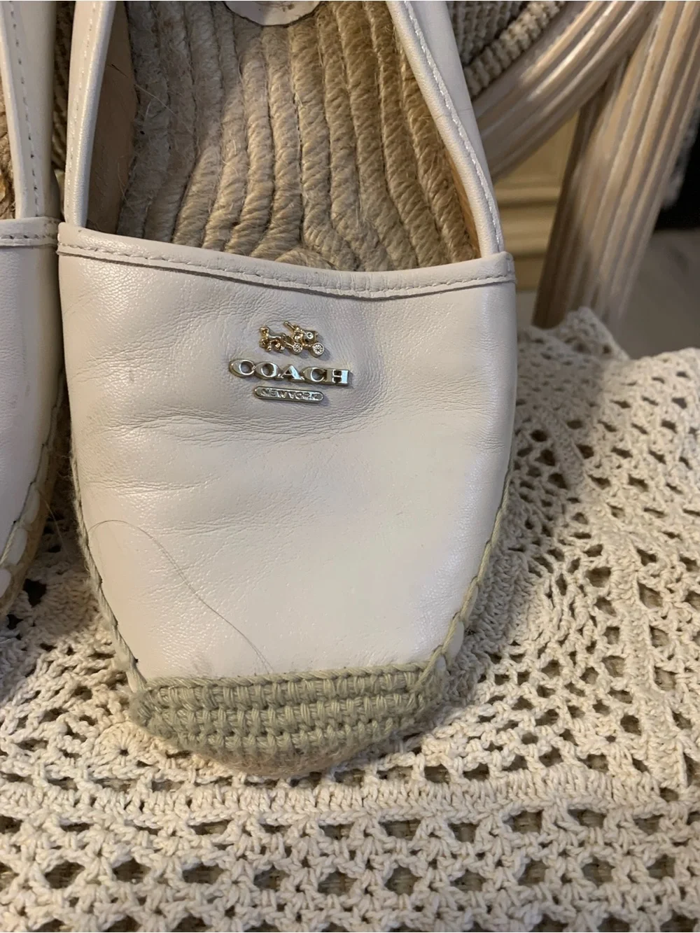 Coach White Leather Espadrille Flats with Gold Logo